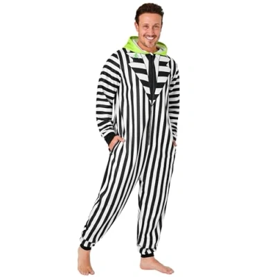 Image of Beetlejuice Mens Fleece Onesie with Hood, Loungewear Funny Gifts for Him (Black/White, XL)
