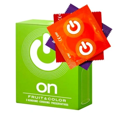 Image of ON Condom Mix I Pack of 3 Fruit &amp; Colour Condoms Premium Different Types with Silicone Lubricant Thin 0.07 mm Wall Thickness Vegan for Men.