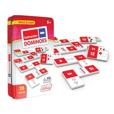 Image of Junior Learning Subtraction Dominoes Numeracy Match and Learn Game 28 Pieces in a Durable Collectors Tin 1 4 Players, Ages 5 6, Year 2