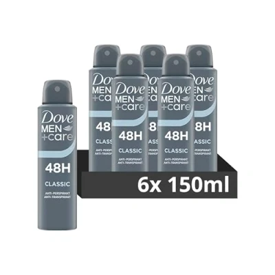 Image of Dove Men+Care Classic Anti Perspirant Aerosol Deodorant Spray with ¼ moisturising cream for 48 hour protection against sweat and odour 6x 150 ml