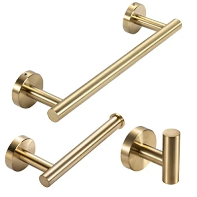 Image of YUET Gold Bathroom Accessories Accessory Bars Set Hand Towel Holders Ring Rails For Bathrooms SUS 304 Stainless Steel Hardware Wall Mounted Rack, 12&quot; Bath Bar + Toilet Paper Holder Robe Hook