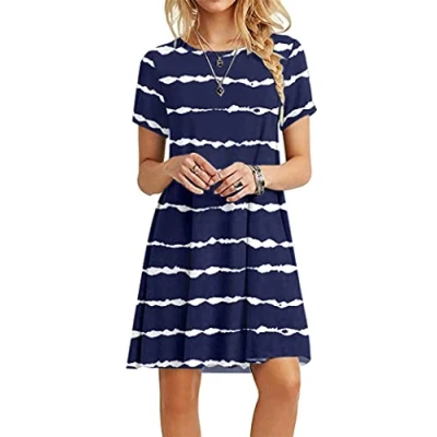 Image of MOLERANI Summer Dresses for Women UK Casual T Shirt Dress Short Sleeve Ladies Beach (2XL, Navy Wavy Striped)