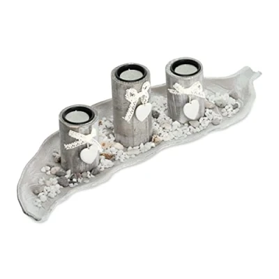 Image of Relaxdays Tealight Holder Set with Tray &amp; Pebbles, 50.5 cm, Table Centrepiece, Lounge Dining Room, Rustic, Beige/White, Fibreboard