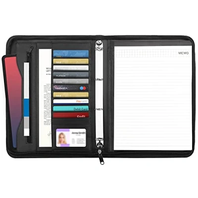 Image of Kurtzy Black Faux Leather Zipped A4 Business Portfolio Folder Professional Conference Padfolio Organiser Case Ring Binder File, Resume &amp; Document Pocket, Writing Pad, Card Holder Tablet Pouch