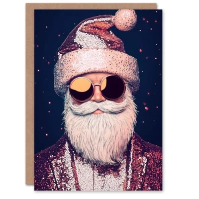 Image of Wee Blue Coo Greeting Card Cool Santa Claus Sunglasses Sequin Bold Modern Blank For Him Or Her Art Xmas Christmas