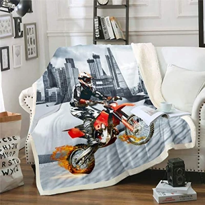 Image of Motocross Rider Fleece Throw Blanket Extreme Sports Sherpa Cool Modern Motorcycle Plush for Bed Sofa Couch Men Gray City Building Dirt Bike Fuzzy Room Decor Single 50&quot;x60&quot;