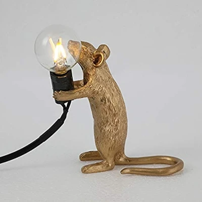 Image of Retro Rat Table Lamp Mouse Desk Light Bedside Resin Mice Warm Room Decor E12 Base (Gold Standing)
