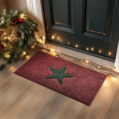 Image of Nicoman Christmas STAR Door Mat Entrance Barrier Dirt Trapper Floor Patio Garden Conservatory Doormat Indoor Outdoor Non Slip Matt (Red with Green Star, 75 x 44cm, Medium)