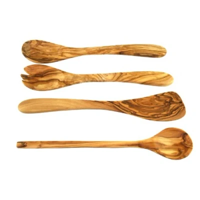 Image of Olive Wood 4 Piece Kitchen Set with Salad Servers, Includes 1 Spatula, Wooden Spoon, 2 Servers