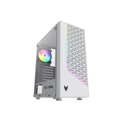 Image of Oversteel Iridium Gaming PC Case Compatible with ATX, Micro ATX and ITX Boards, 120mm A RGB Fan Included, Mesh Front, 2 Dust Filters, Tempered Side Glass, USB 3.0, White