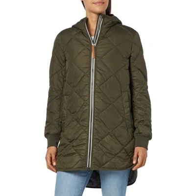 Image of camel active Women's Long Coat with Diamond Quilting, Dark Green, XS/S