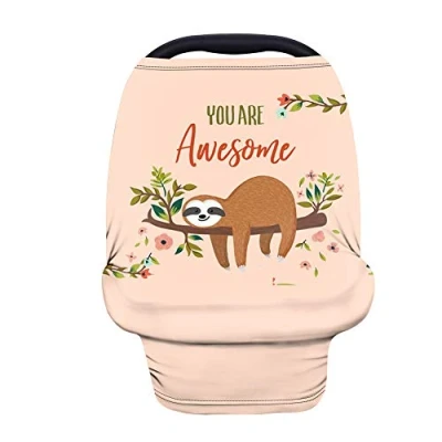 Image of Binienty Stretchy &amp; Durable Car Seat Cover for Babies, You are Awesome Cute Sloth Print, Infants Carseat Canopies Stroller Cover, Baby Shower Gifts