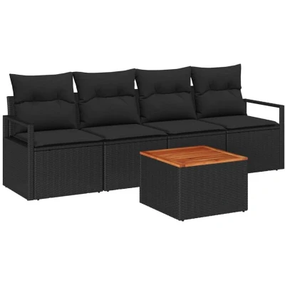 Image of vidaXL 5 Piece Garden Sofa Set with Cushions Black Poly Rattan Acacia