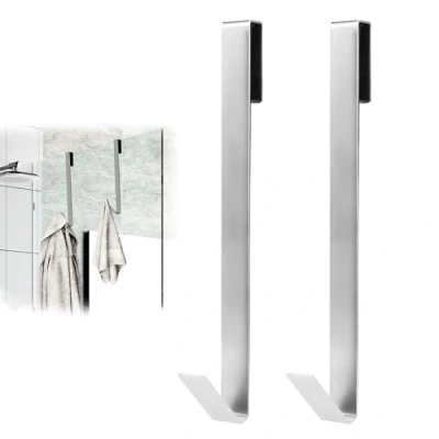 Image of Pack of 2 Shower Door Hooks, Hooks for Wall, Drill Free, Extended Stainless Steel Hook, Towel Holder, Screen with Protective Mat Bathroom Glass