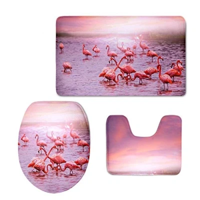 Image of RedBeans Anti Slip 3 Piece Soft Absorbent Bathroom Rug Set Flamingo Bath Mat Contour and Toilet Cover