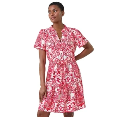 Image of Roman Originals Floral Print Frill Hem Shirt Dress for Women UK Ladies Everyday Holiday Spring Summer Notch Neckline Comfy Soft Evening Vacation Work Party Red &amp; White Size 18