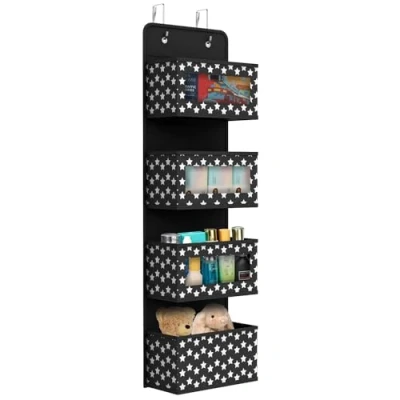 Image of Vinsani Over The Door Hanging Organiser Space Saving Storage Solution 4 Tier Caddy With Clear Window and Steel Hooks Hanger For Bathroom Nursery Bedroom Toys Unisex Black