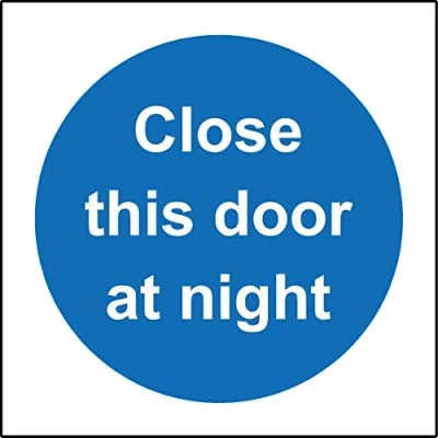 Image of Close this door at night safety sign Self adhesive sticker 100mm x