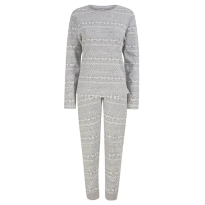 Image of Tokyo Laundry Women&#039;s Vega Repeat Reindeer Print 2PC Cotton Lounge Pyjama Set in Light Grey Marl Merry Christmas M