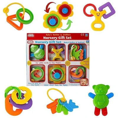 Image of Baby Rattles and Teethers for Newborn Infant, Hand Shaker &amp; BPA Free Teething Ring Toy Educational Colourful Toys Nursing Set