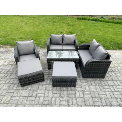 Image of 7 Seater Rattan Wicker Garden Furniture Patio Conservatory Sofa Set with Rectangular Coffee Table Reclining Chair Love 2 Big Footstool Fimous