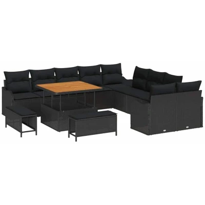 Image of vidaXL 13 Piece Garden Sofa Set with Cushions Black Poly Rattan Acacia