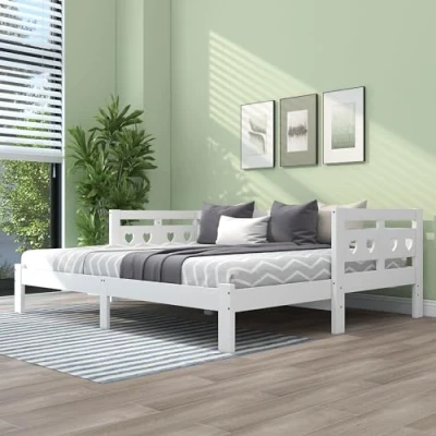 Image of BTM Daybed Cabin Bed Wooden 3FT Single Sofa Guest Bed, Pull out Trundle Heart Shaped for Children Adults Living Room and Bedroom 90 x190 cm White