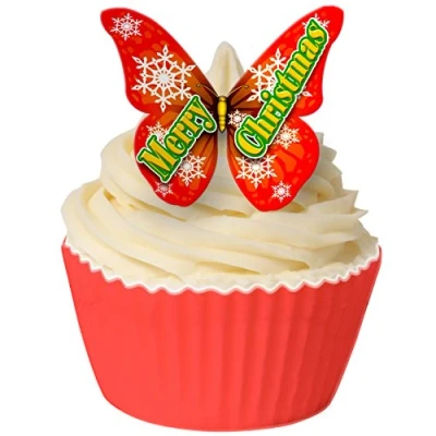 Image of Pack of 12 Pre Cut Edible Wafer Decorations Merry Christmas Butterfly 201 294