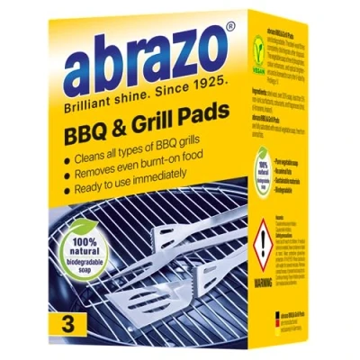 Image of abrazo bbq &amp; grill cleaner pads, 3x with natural soap, large barbecue cleaning sponge, non toxic heavy duty degreaser for wire rack, grate