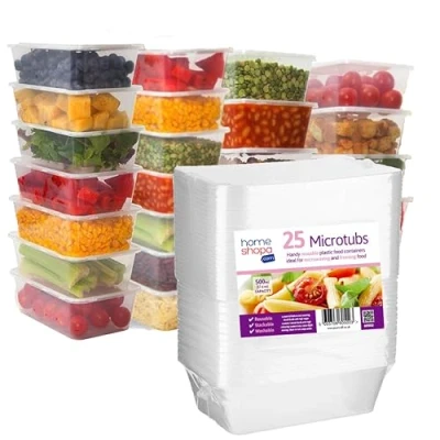 Image of HOMESHOPA Plastic Food Storage Containers, 25 Pack 500ml Clear Rectangular Microwave Takeaway Tubs with Lids, BPA Free Stackable Airtight Reusable, Dishwasher &amp; Freezer Safe