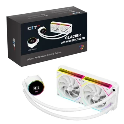 Image of CiT Pro Glacier 240mm White ARGB CPU Liquid Cooler With 69.4mm Display For Performance Metrics, AIO Water Intel &amp; AMD, Two Infinity PWM Fans Temperature