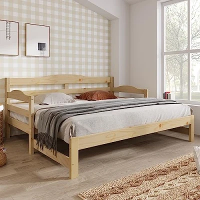 Image of Merax Versatile Daybed Cabin Bed with Pull Out Trundle Ideal for Living Room and Bedroom Single Guest Sofa Natural Finish 3 FT (90 x 190 cm) (No Mattress)
