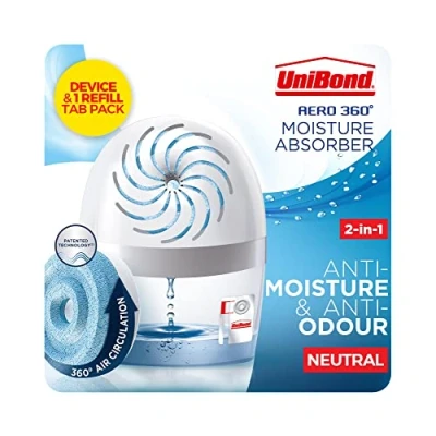Image of UNIBOND AERO 360º Moisture Absorber, Ultra Absorbent Dehumidifier, Helps to Prevent Condensation, Mould &amp; Musty Smells, Refillable Condensation 1 Device incl. Refill Tab 450g