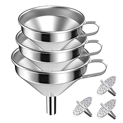 Image of Stainless Steel Funnel Set Kitchen Strainer Filter Wide Mouth Canning Funnels with Removable Handle for Transferring Liquid, Fluid, Cooking Oil, Jam, Powder (3 Pack)