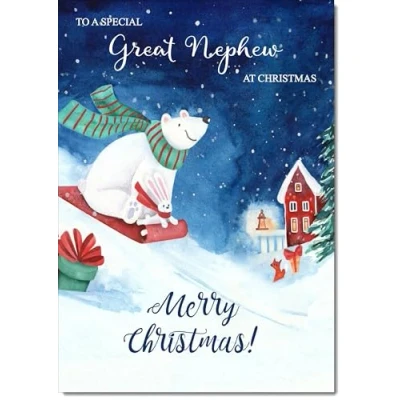 Image of doodlecards Great Nephew Christmas Card Bear on Sled Medium Size for with Plain Envelope