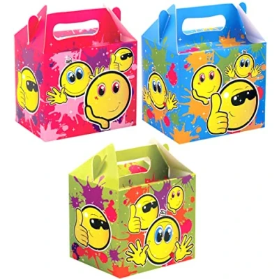 Image of Kids Themed Birthday Party Favour Food Gift Boxes for Goodies &amp; Treats Empty Cardboard Box to Fill (24 Boxes, Smile Emojis)