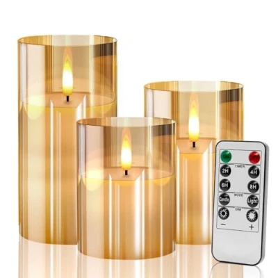 Image of Gold Glass Flameless Battery Candles Flickering with Remote,Timer, Wicking Operated Realistic Real Wax Warm Light LED Candle, for Party Wedding Festival Tabletop Decoration, Set of 3
