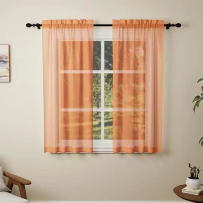 Image of Pacok Orange Voile Curtains, 45 Drop 2 Panels Net Curtain for Windows, Rod Pocket Sheer Panel Curtains Living Room Kitcken Bedroom W56xL45 Inch(Orange, 142 x 114cm)