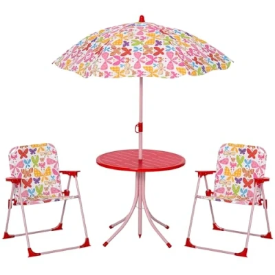 Image of Outsunny Kids Outdoor Bistro Table and Chair Set Butterfly Pattern Garden Patio Backyard with Removable &amp; Height Adjustable Parasol