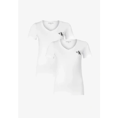 Image of Calvin Klein Jeans Monologo V NECK TEE 2 PACK Basic Tshirt, Women&#039;s, Size: XS, Brilliant white/brilliant white