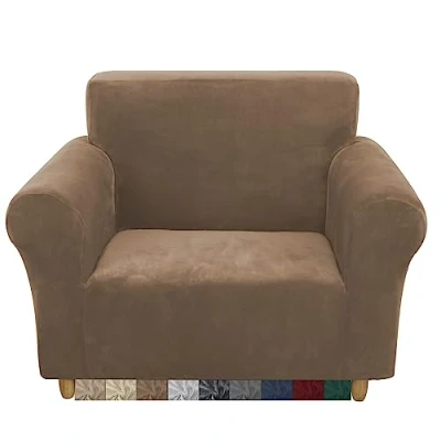 Image of CMAKER Velvet Sofa Covers Couch Cover 1 Seater Stretch with Non Slip Elastic Bottom Furniture Protector Slipcovers for Pets(1 Seater,Camel)