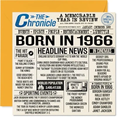 Image of 58th Birthday Cards for Men Women Born In 1966 Newspaper Happy 58 Card Mum Dad Uncle Aunt Vintage Retro Back 1966, 145mm x Fifty Eight Eighth Bday Greeting