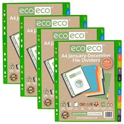 Image of eco A4 50% Recycled Multipunched Reinforced Colour January December Subject Index Extra Wide File Dividers 200mic (Pack of 4), eco082x4