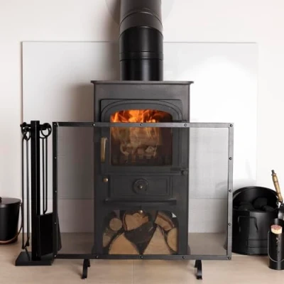 Image of CHARLES BENTLEY Fire Guard, Snug, Aspen, Fireguard, Contemporary, Iron, Silver Mesh, Black Border, Matte Finish, Industrial Design, Powder Coated, Fireplace, Fireside, Place (73x61x19cm)