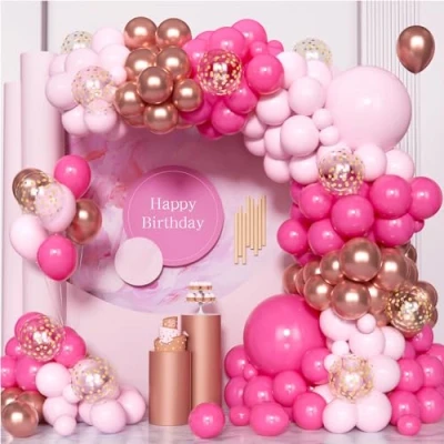 Image of Pink and Hot Balloon Arch Kit,100 Pcs Rose Gold Garland Kit with Confetti Balloons for Birthday Baby Shower Wedding Engagement Anniversary Party Decorations