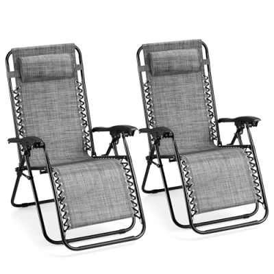 Image of VonHaus Zero Gravity Chairs Set of 2 Reclining Sun Loungers for Garden Textoline Foldable Sunloungers with Detachable Head Pillow Heavy Duty Deck Outdoor, Patio &amp; Decking