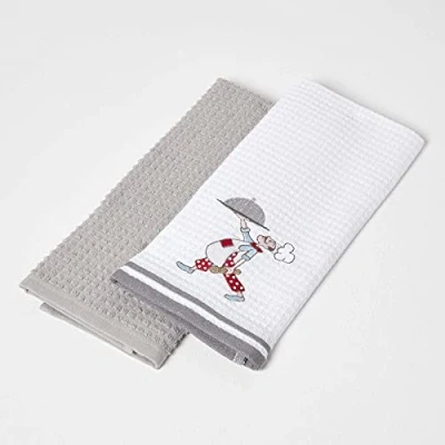 Image of HOMESCAPES Grey Tea Towels 100% Cotton Set of 2 Waffle Teatowels Super Absorbent Lint Free Kitchen with Embroidered “Cook Chef Design, 40 x 60 cm