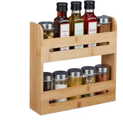 Image of Relaxdays Bamboo Spice Rack 2 Tier 25 x 7 cm for Worktop Kitchen Shelf Standing Natural
