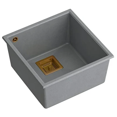 Image of Quadron Kitchen Sink Granite Sink, Size 41 x 42 22.5 cm, Colour: Grey &amp; Copper, David 40 Single Bowl with Manual Siphon