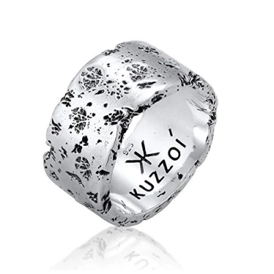 Image of Kuzzoi 0602552120 Men&#039;s Ring (12.5 mm) Solid Hand Forged, Band for Men Made of 925 Sterling Silver, Hammered Oxidised Silver Ring, in Rustic Look, Size 60 66,